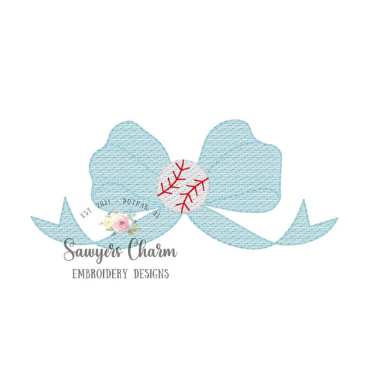 Bow with baseball sketch stitch machine embroidery design file, softball player, ballgame sports outfield, quick stitch, bean stitch