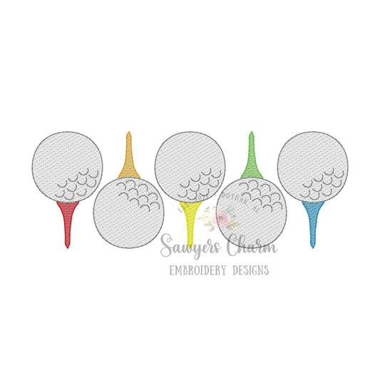 Golf ball on tee in a row sketch stitch machine embroidery design file, bean stitch, quick stitch, sports, masters, golf clubs, par, green
