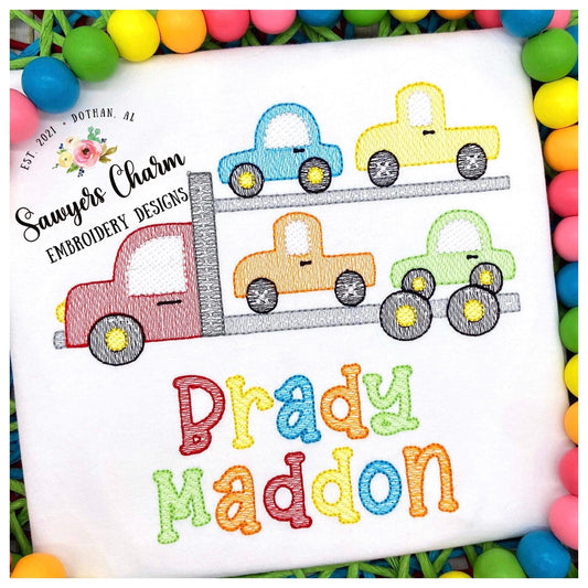 Car hauler, tow truck sketch stitch machine embroidery design file, bean stitch details, transportation vehicle, truck, car, semi big rig