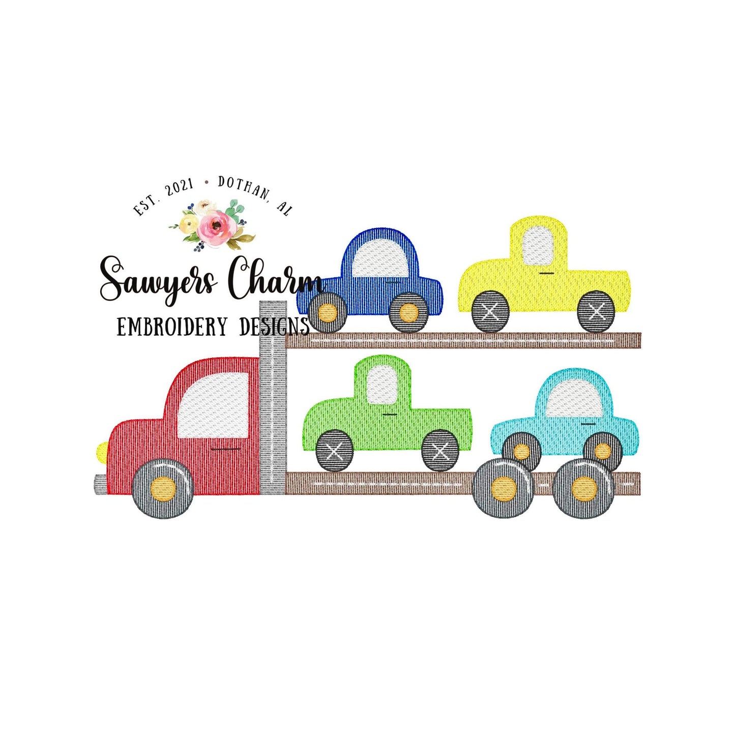 Car hauler, tow truck sketch stitch machine embroidery design file, bean stitch details, transportation vehicle, truck, car, semi big rig