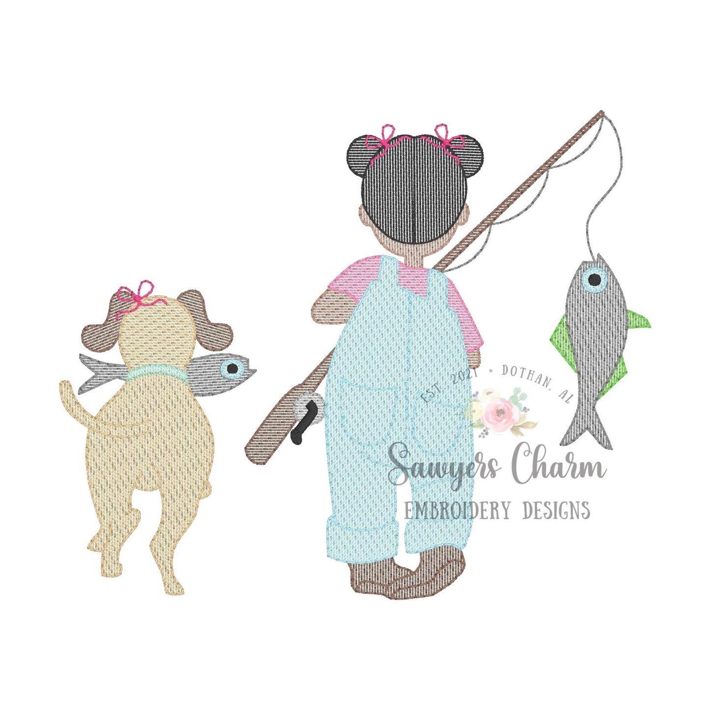 Little girl fishing with dog sketch stitch machine embroidery design file, fishing pole, quick stitch, spring summer, with pigtails & buns