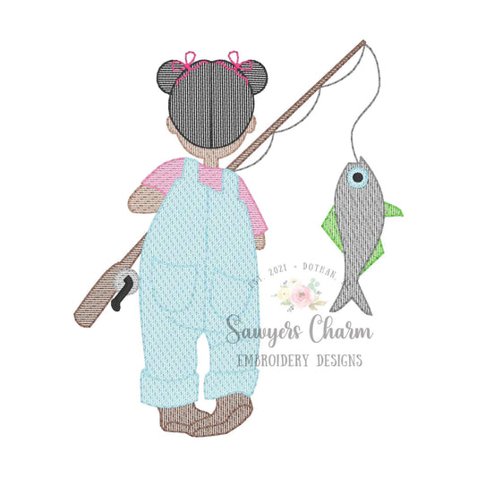 Little girl fishing, with pigtails & buns sketch stitch machine embroidery design file, fishing pole, spring summer quick stitch outdoor bow
