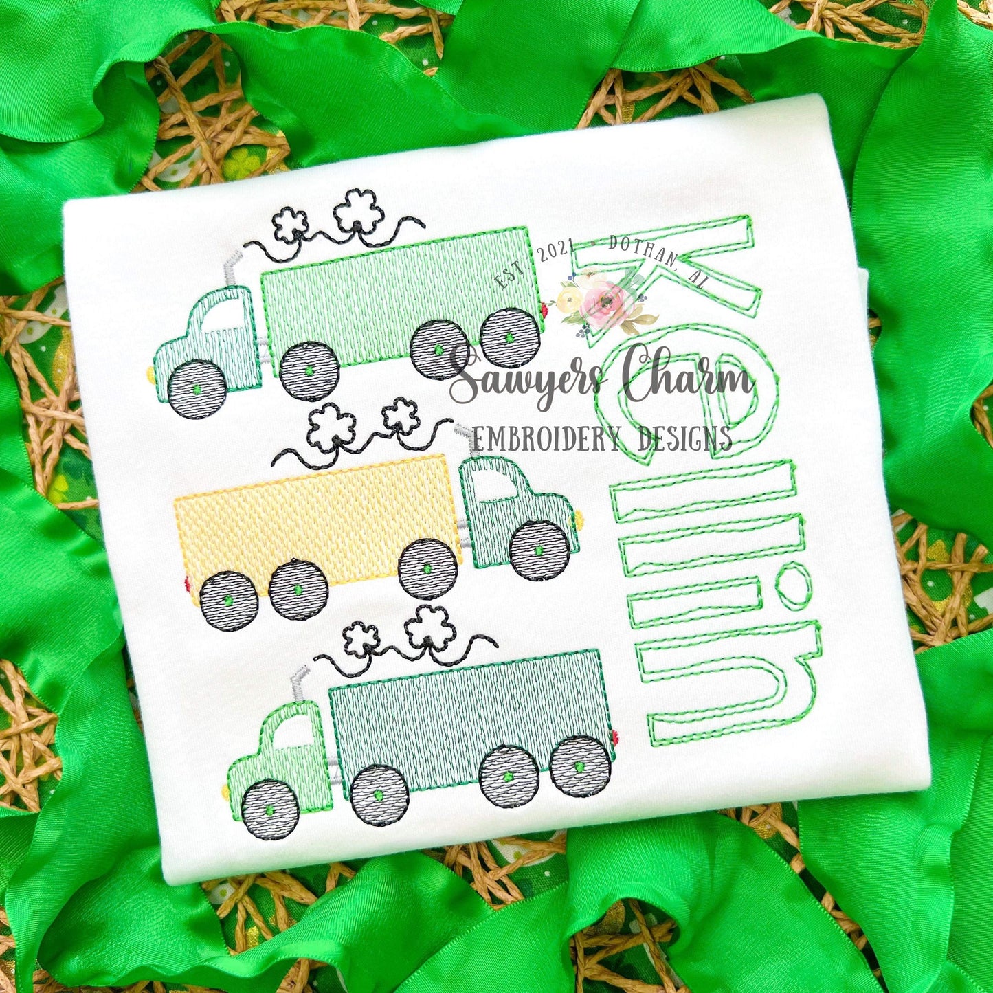 Semi big truck trio with shamrock smoke sketch stitch machine embroidery design file, bean stitch details, transportation vehicle, hauler