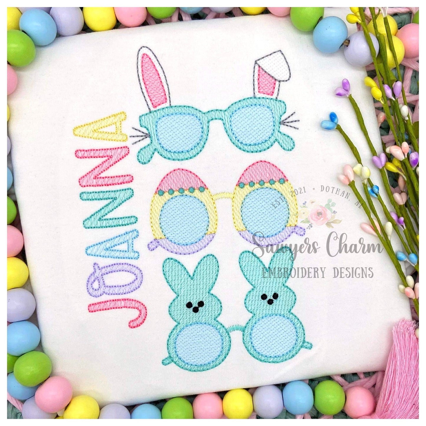 Easter sunglasses trio sketch stitch light fill machine embroidery design file, sunnies, shades, bunny rabbit, peeps candy, egg hunt, spring