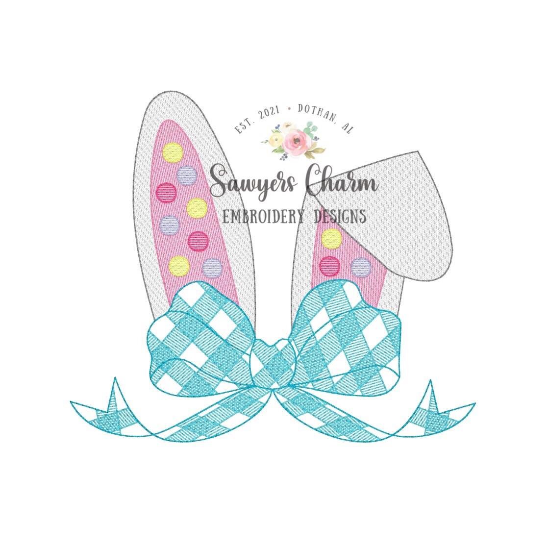 Easter bunny ears with gingham bow sketch stitch, machine embroidery design file, quick stitch, rabbit, polka dots, plaid check