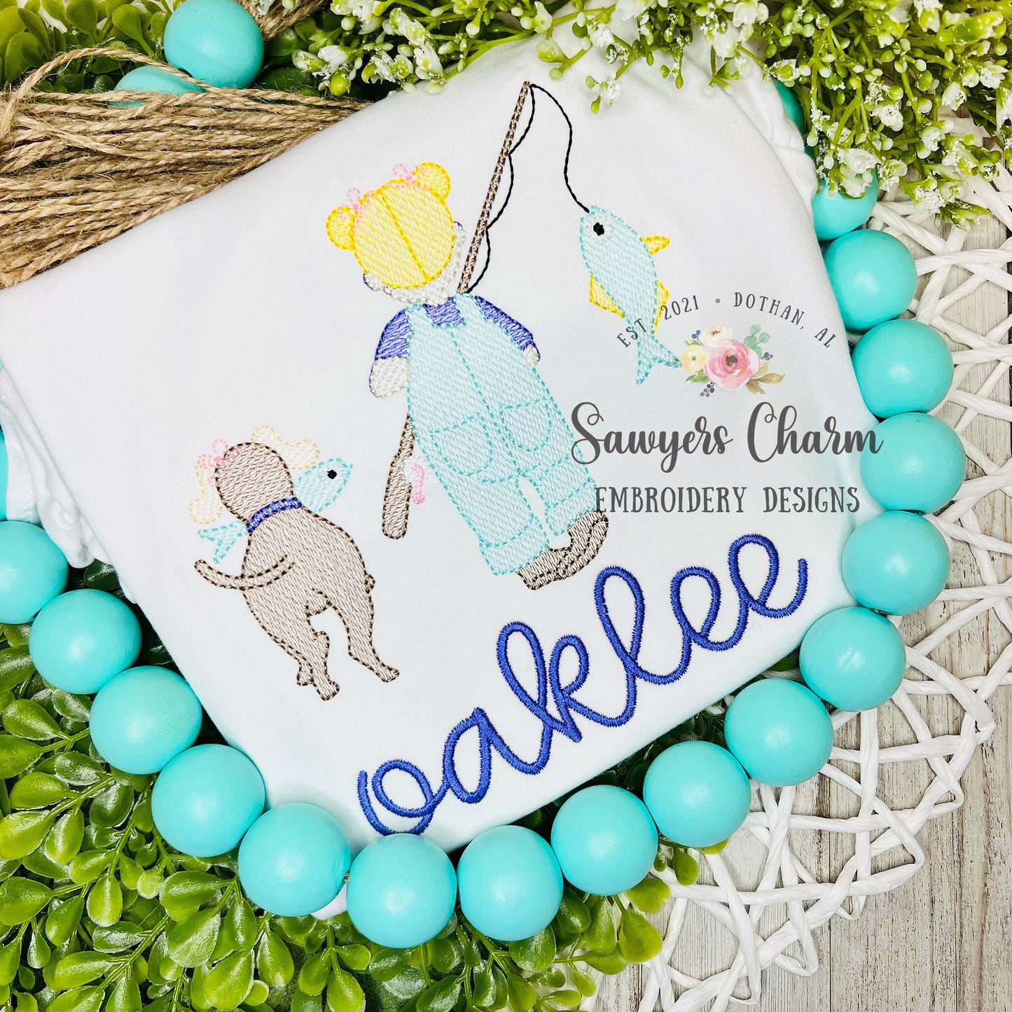 Little girl fishing with dog sketch stitch machine embroidery design file, fishing pole, quick stitch, spring summer, with pigtails & buns