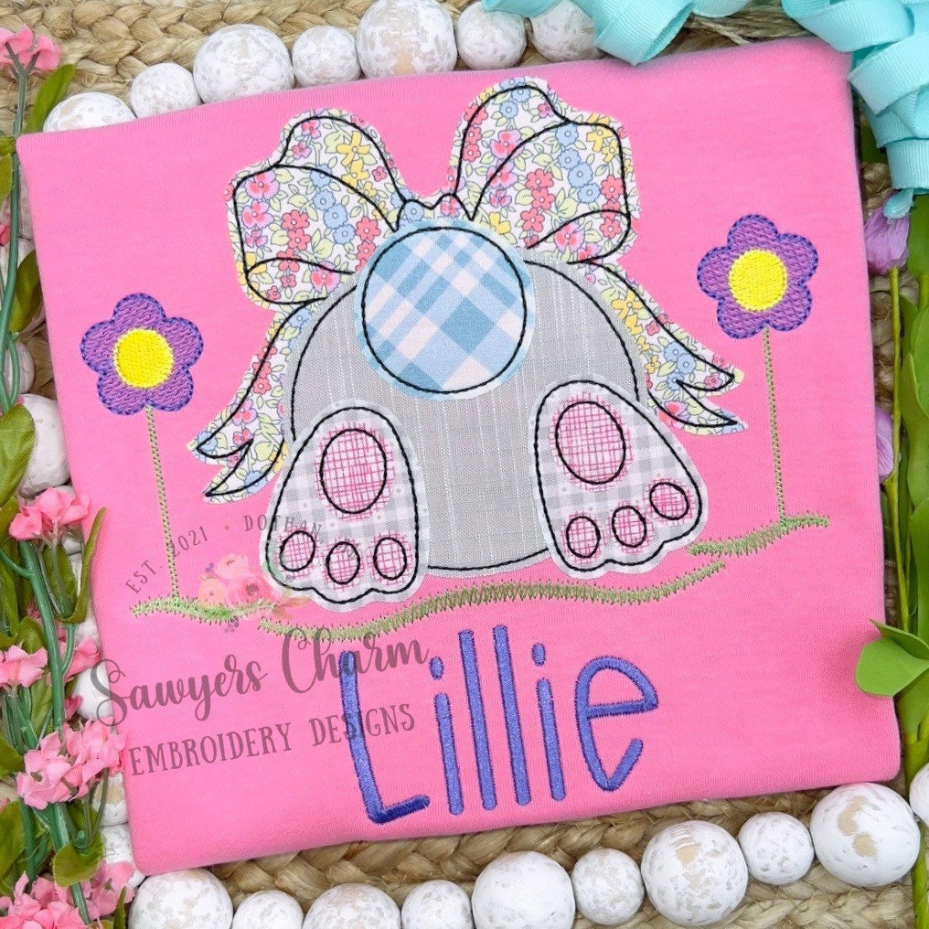 BUNDLE Easter bunny tail with bow grass flowers bean stitch & zigzag applique machine embroidery design file, quick stitch, egg hunt, rabbit