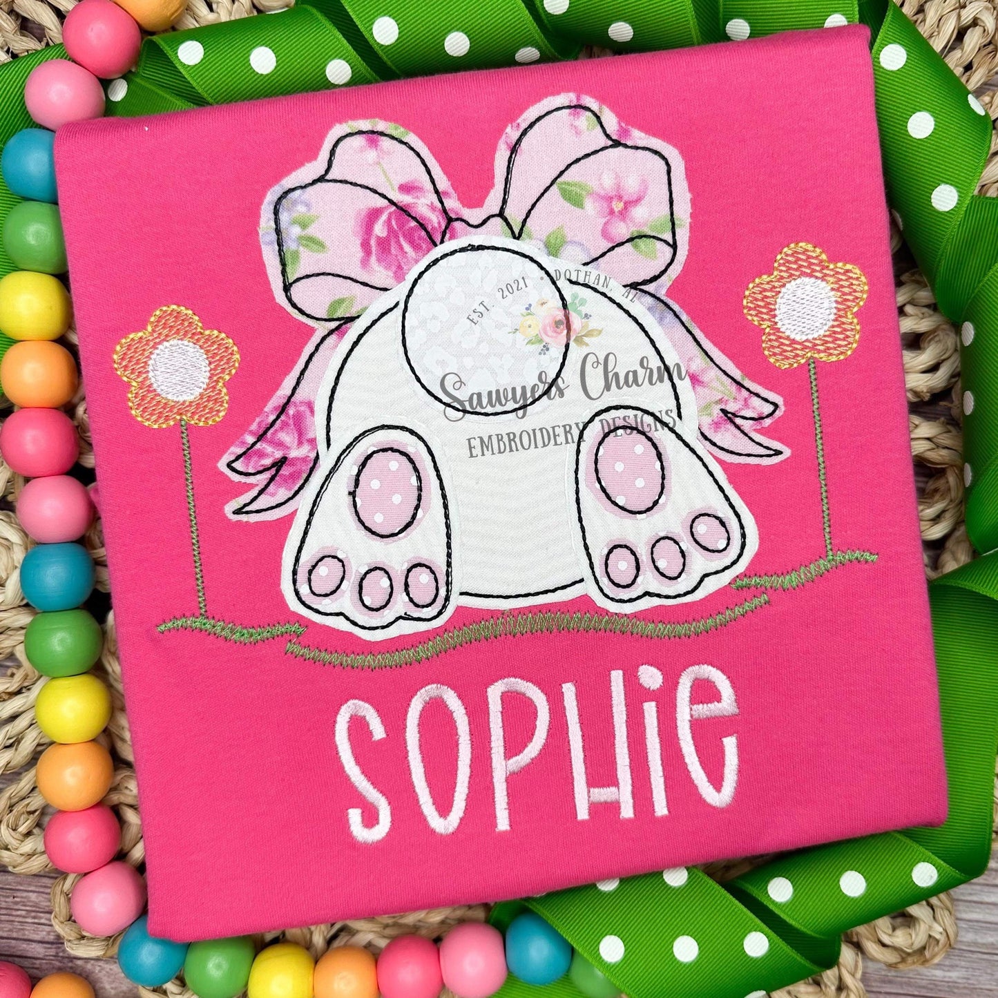 BUNDLE Easter bunny tail with bow grass flowers bean stitch & zigzag applique machine embroidery design file, quick stitch, egg hunt, rabbit