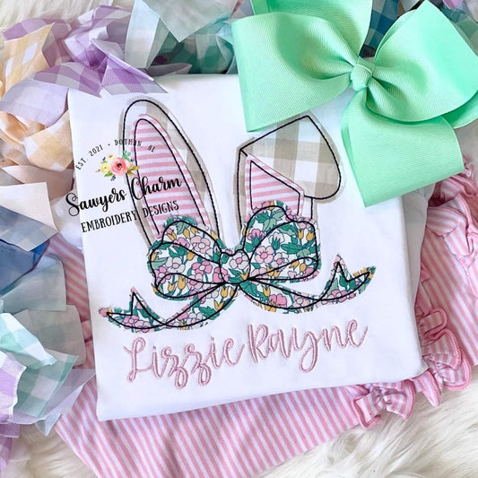 BUNDLE Easter bunny ears with bow bean & zigzag stitch applique, machine embroidery design file, quick stitch, rabbit, peter cottontail