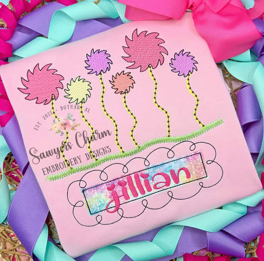 Whimsical flowers sketch stitch machine embroidery design file quick stitch, bean stitch Read Across America, cat hat doctor