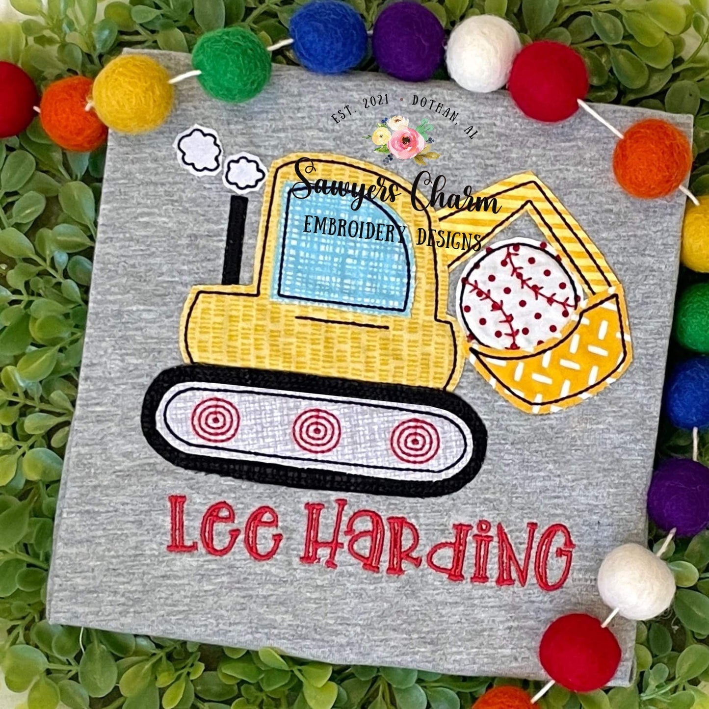 Baseball Sports Excavator/digger bean stitch machine applique design embroidery file, construction vehicle hauler, baseball/softball