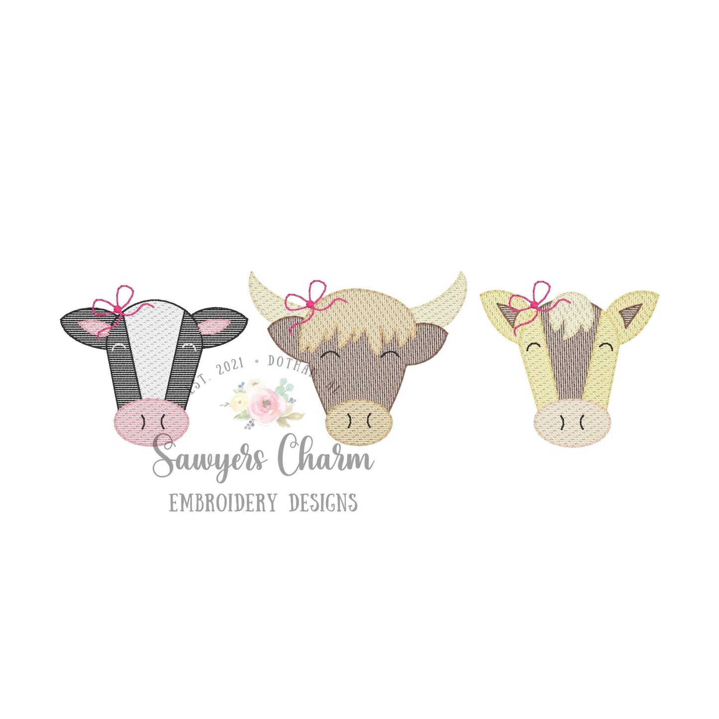 BUNDLE Cow trio sketch stitch machine embroidery design file, quick stitch, farm animals, highland cow, dairy cow, barnyard, bean stitch