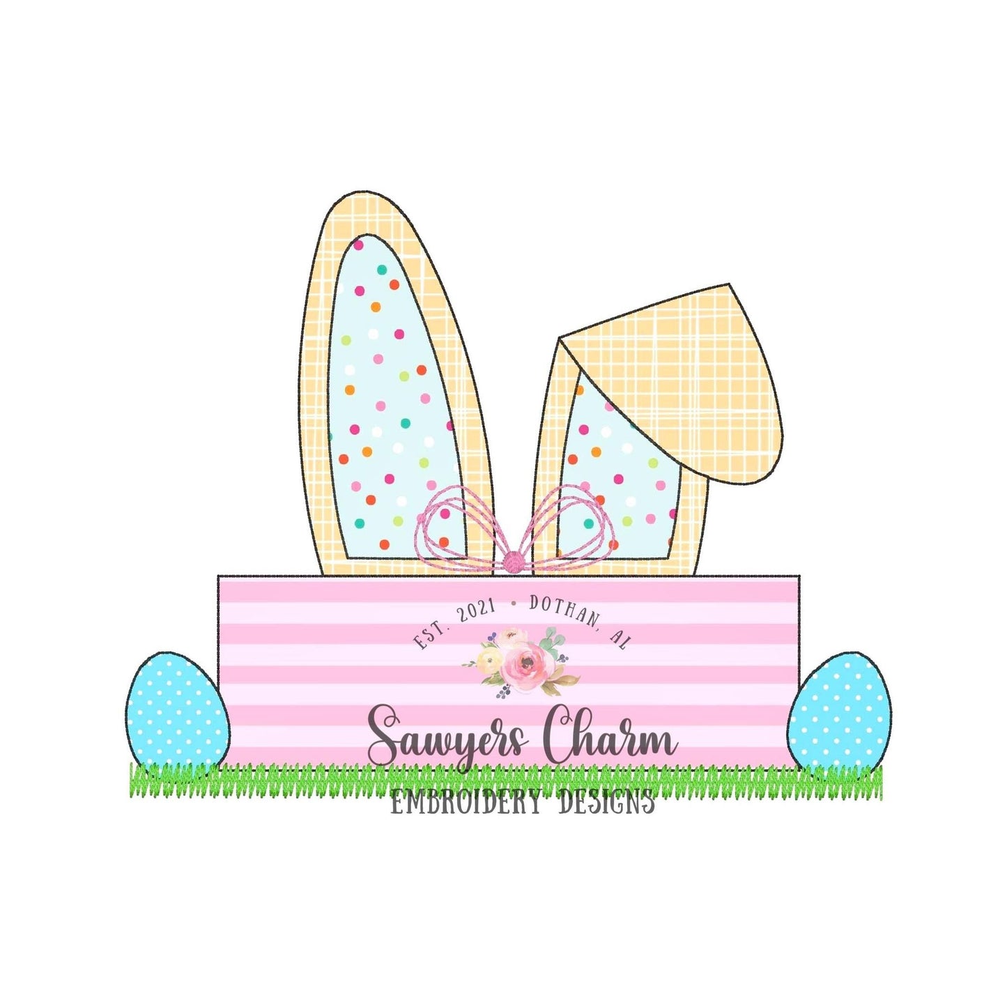 BUNDLE Easter bunny ears nameplate & eggs bean stitch applique, machine embroidery design file, quick stitch, rabbit peter cottontail spring