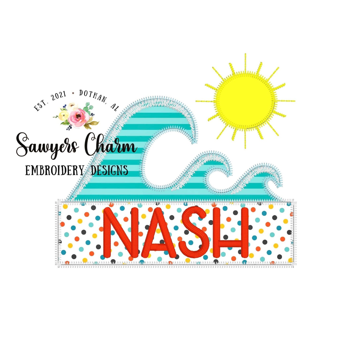 BUNDLE Big ocean wave, name plate, sunshine bean & zigzag applique machine embroidery design file, summer nautical beach, surfing, sand