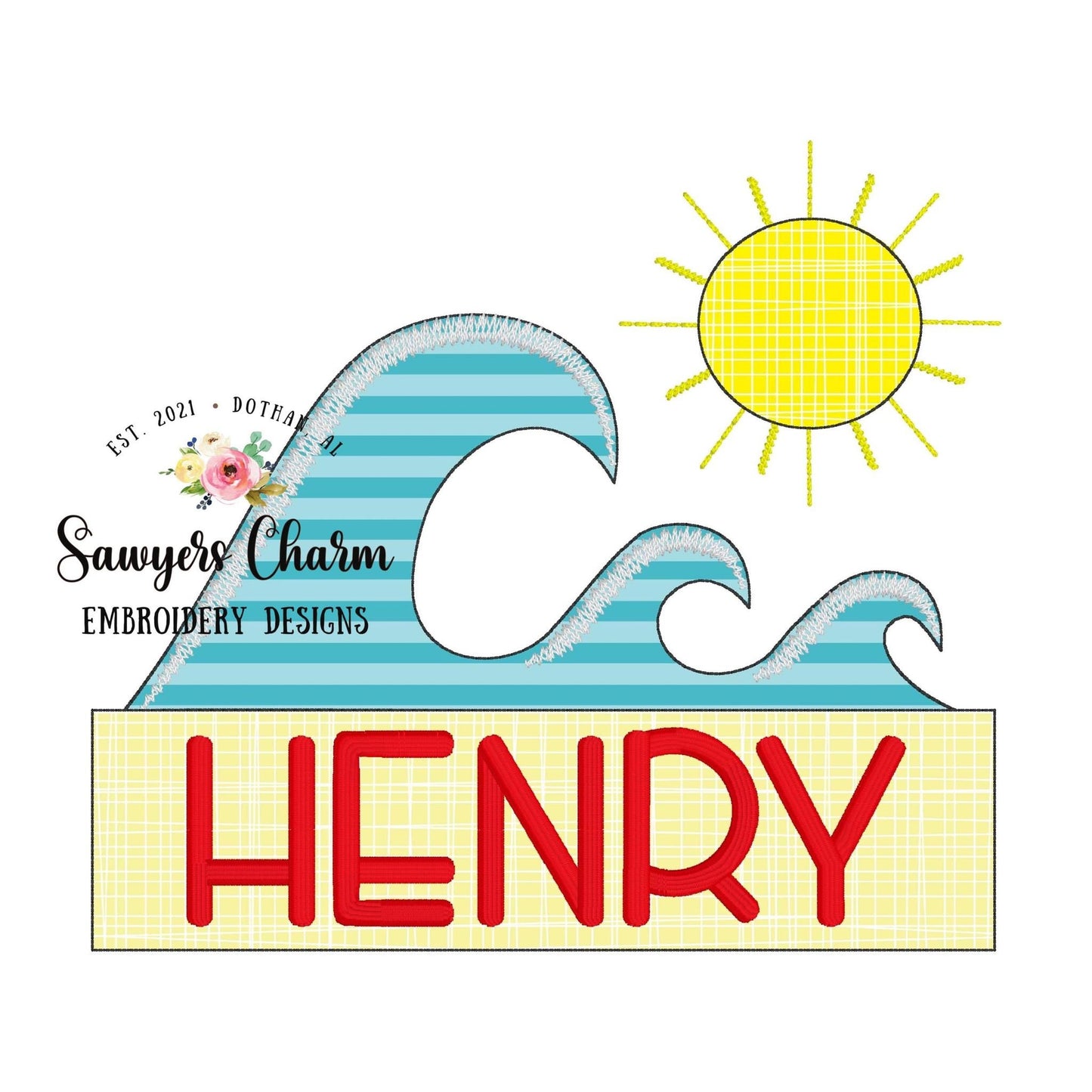 BUNDLE Big ocean wave, name plate, sunshine bean & zigzag applique machine embroidery design file, summer nautical beach, surfing, sand