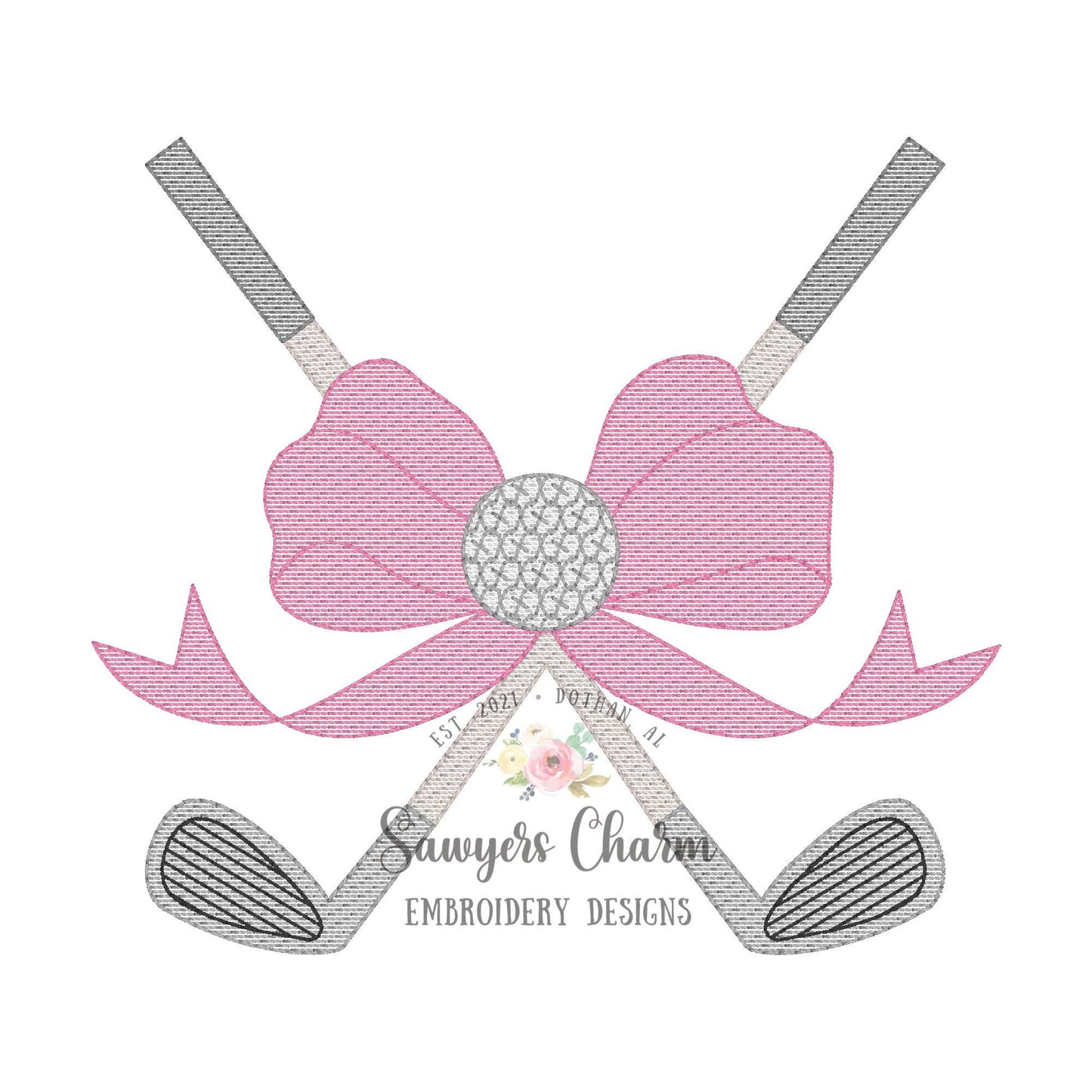 Golf clubs with bow & golf ball sketch stitch machine embroidery design file, bean stitch, quick stitch, sports masters golf clubs par green