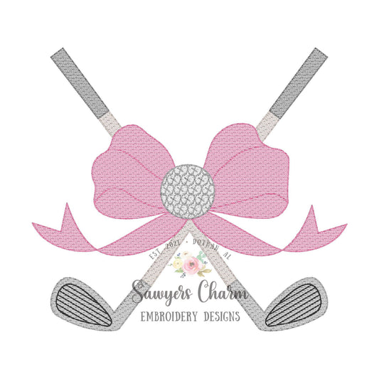 Golf clubs with coquette bow & golf ball sketch stitch machine embroidery design, spring sports, masters