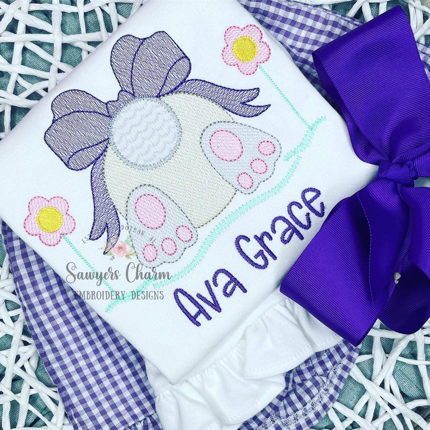 Easter bunny tail with bow grass flowers sketch stitch machine embroidery design file, quick stitch, egg hunt, rabbit, floral spring