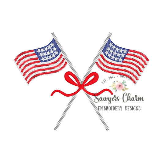 American flags sketch stitch with coquette bow, machine embroidery design, 4th of July, patriotic, stars & stripes