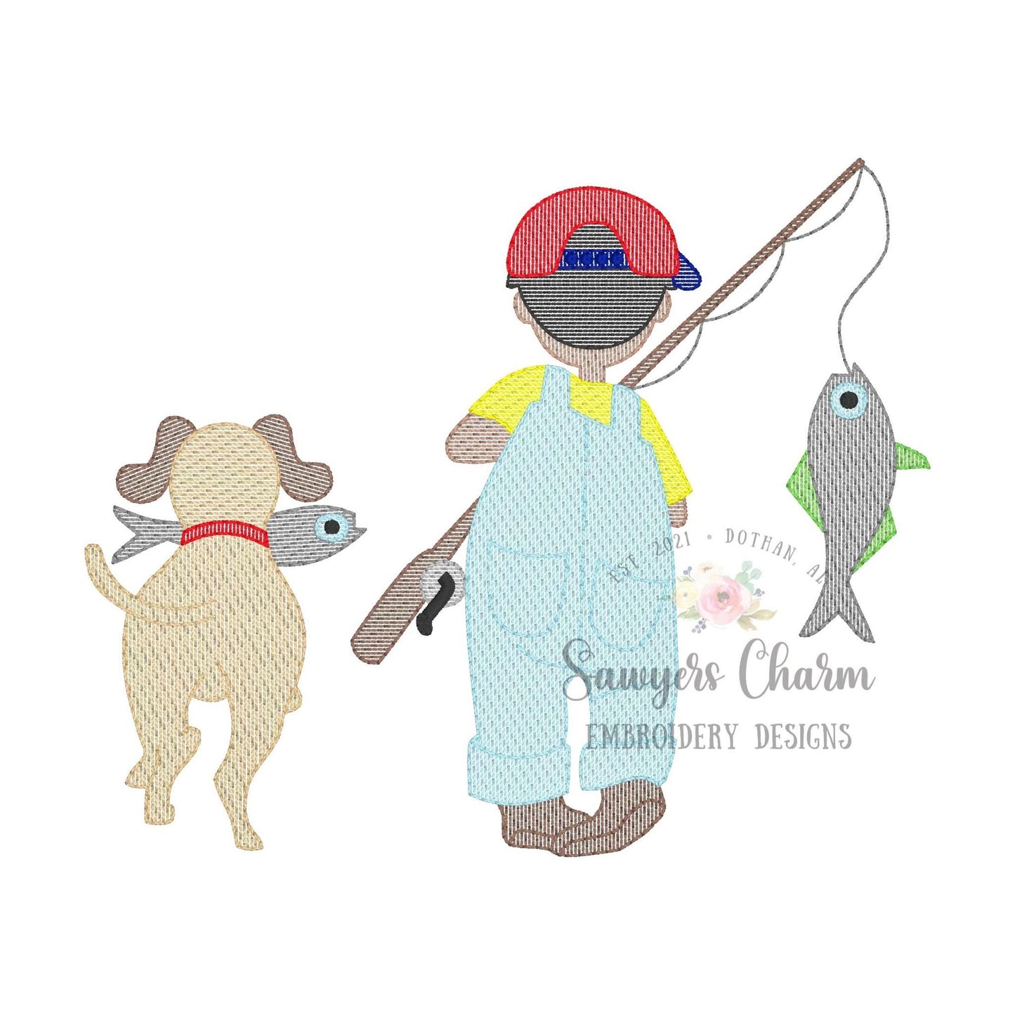 Little boy fishing with dog sketch stitch machine embroidery design file, fishing pole, quick stitch, spring summer, fish, cap/hat, outdoors