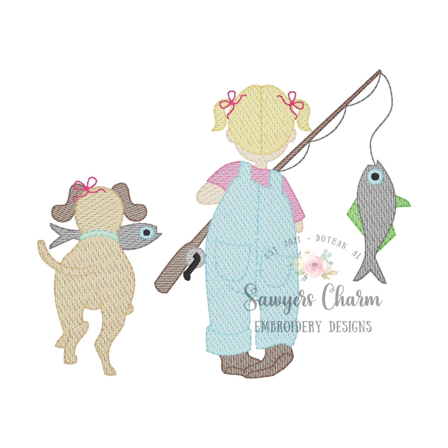 Little girl fishing with dog sketch stitch machine embroidery design file, fishing pole, quick stitch, spring summer, with pigtails & buns