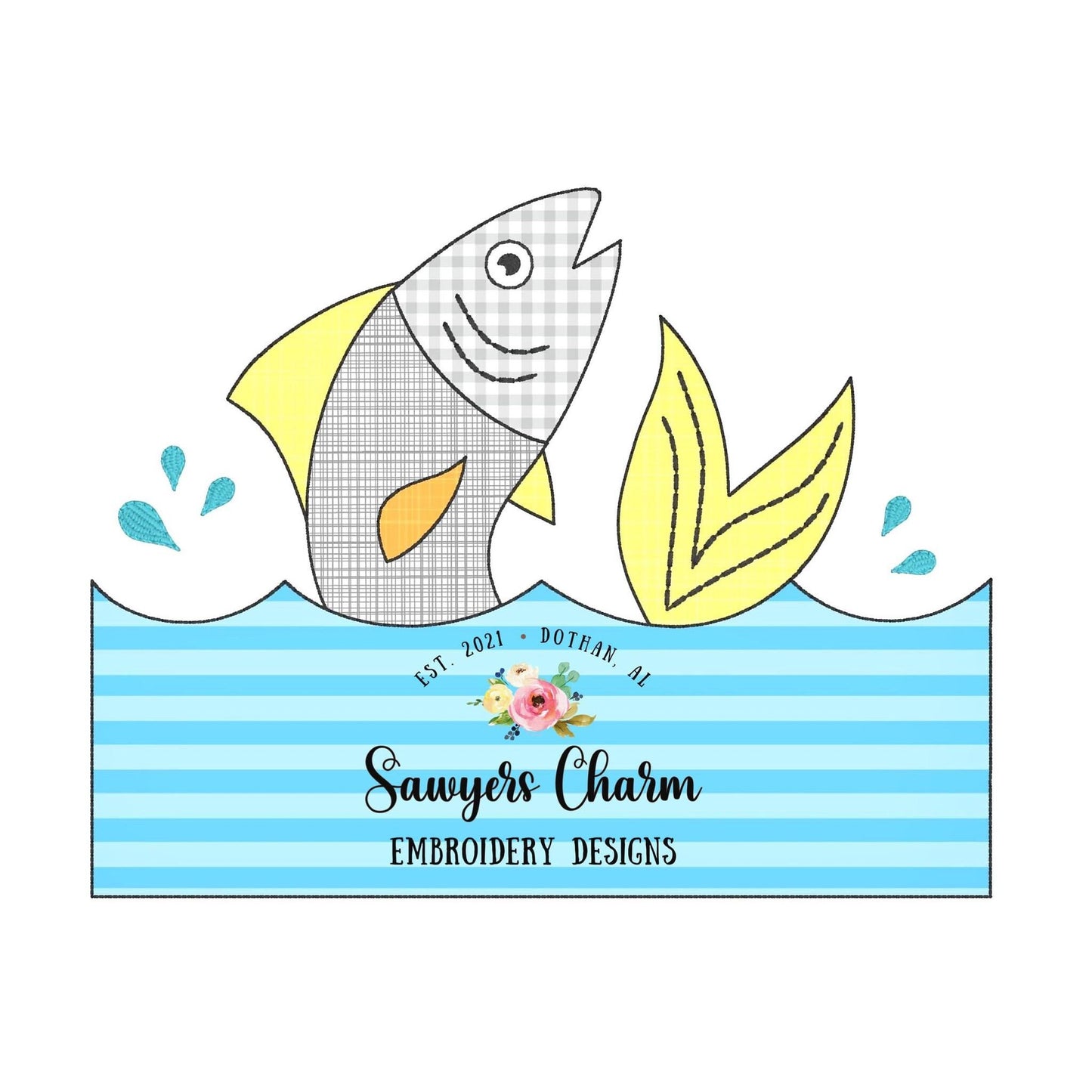 BUNDLE Fish jumping out of water with name plate zig zag & bean stitch machine embroidery design file, outdoors, fishing, bass, quick stitch