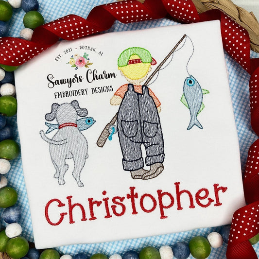 Little boy fishing with dog sketch stitch machine embroidery design file, fishing pole, quick stitch, spring summer, fish, cap/hat, outdoors
