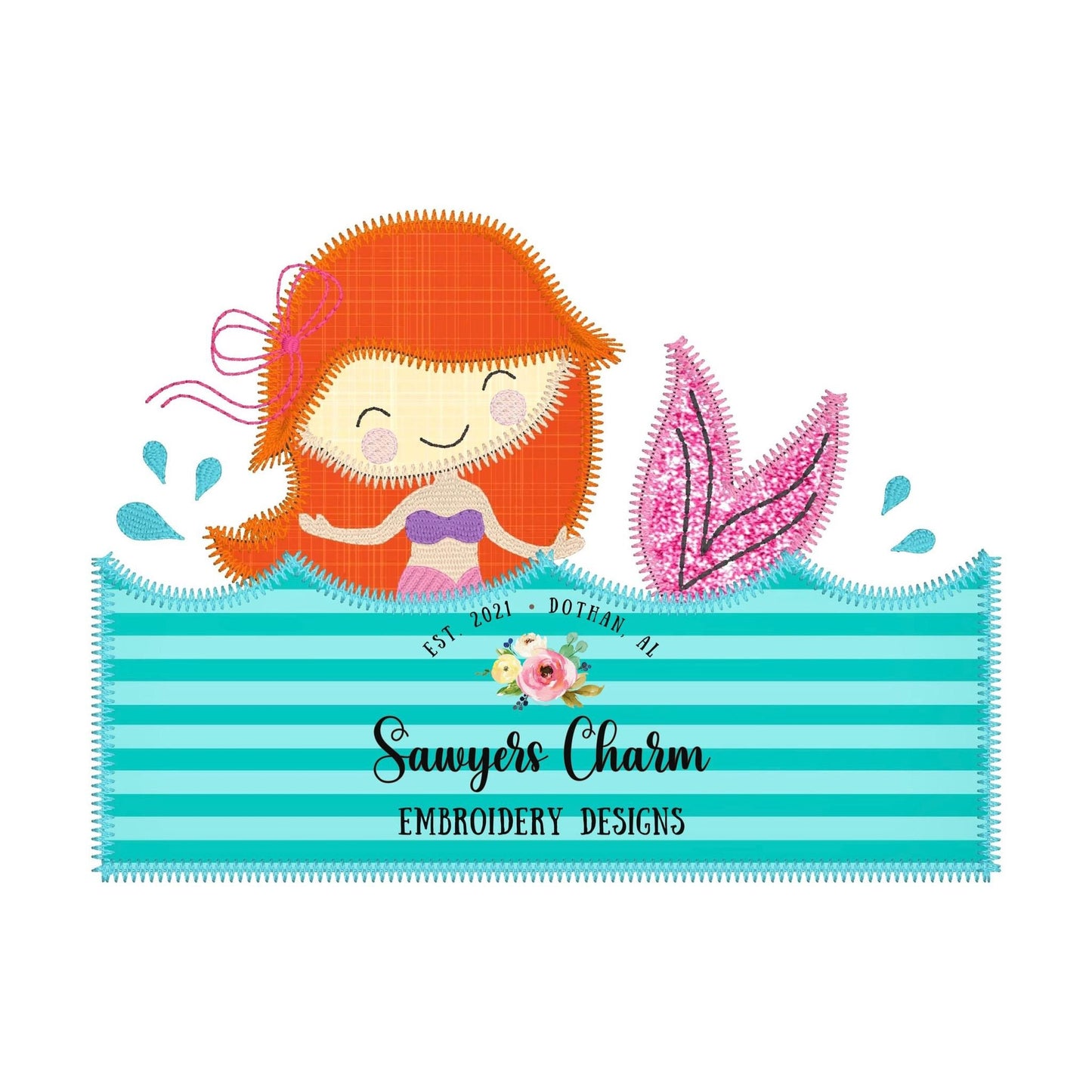 BUNDLE Mermaid jumping out of water with name plate zig zag & bean stitch machine embroidery design file, quick stitch, bow, ocean beach