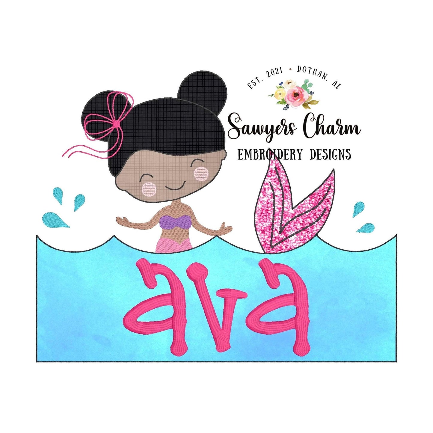 BUNDLE Mermaid with buns swimming in water with name plate zig zag & bean stitch machine embroidery design file quick stitch bow ocean beach