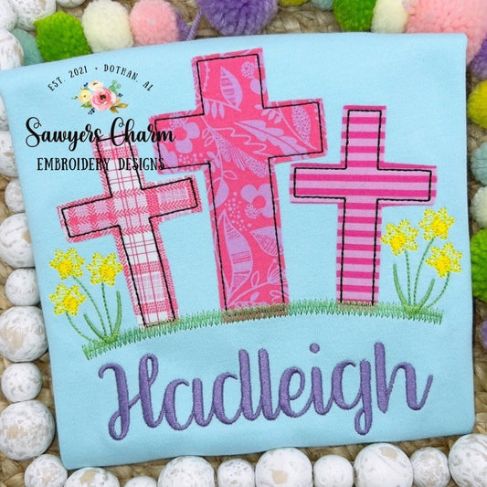 BUNDLE Cross trio bean stitch applique, grass with & without daffodils, machine embroidery design file, quick stitch, Easter, He is risen