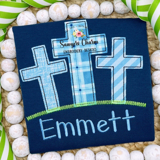 BUNDLE Cross trio bean stitch applique, grass with & without daffodils, machine embroidery design file, quick stitch, Easter, He is risen