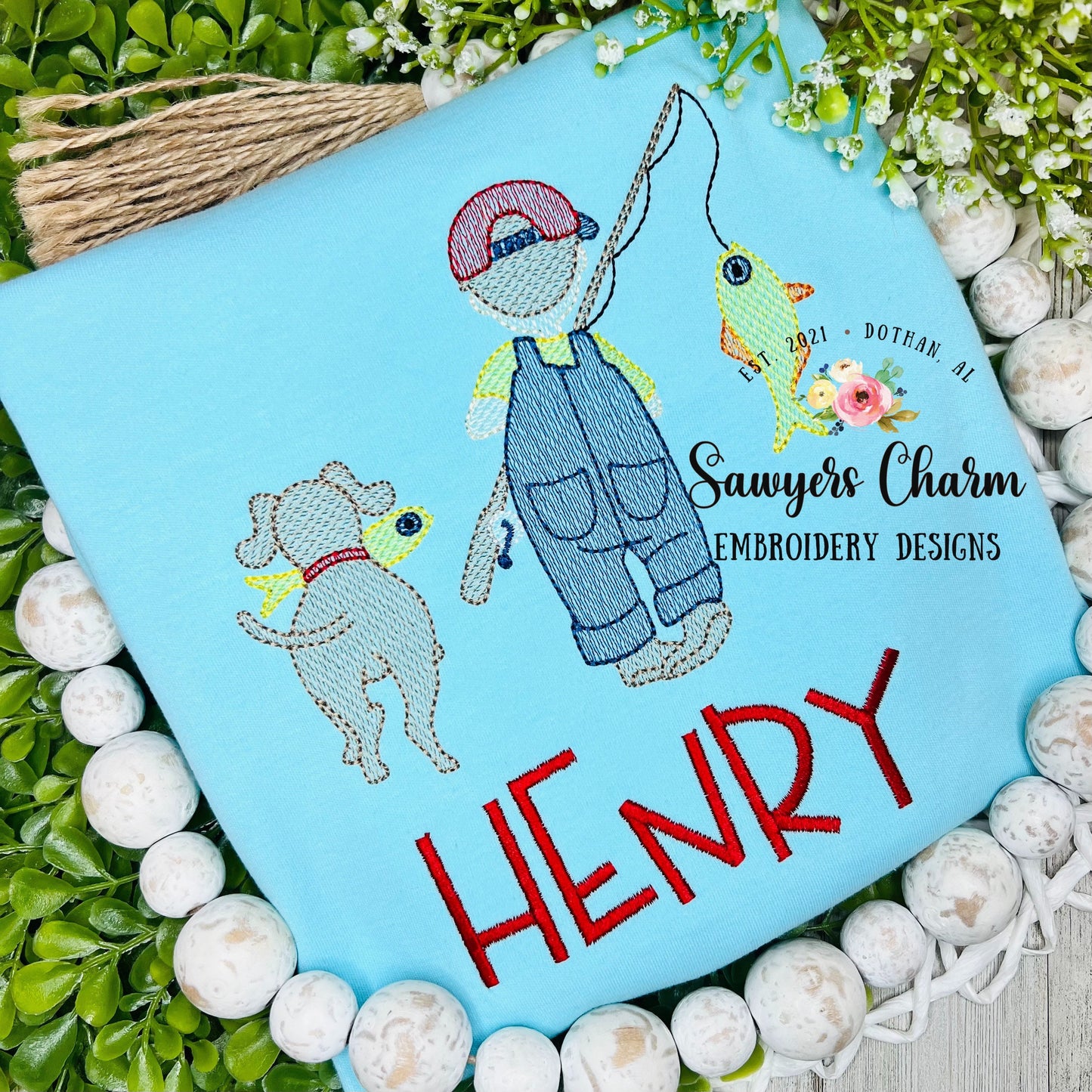 Little boy fishing with dog sketch stitch machine embroidery design file, fishing pole, quick stitch, spring summer, fish, cap/hat, outdoors