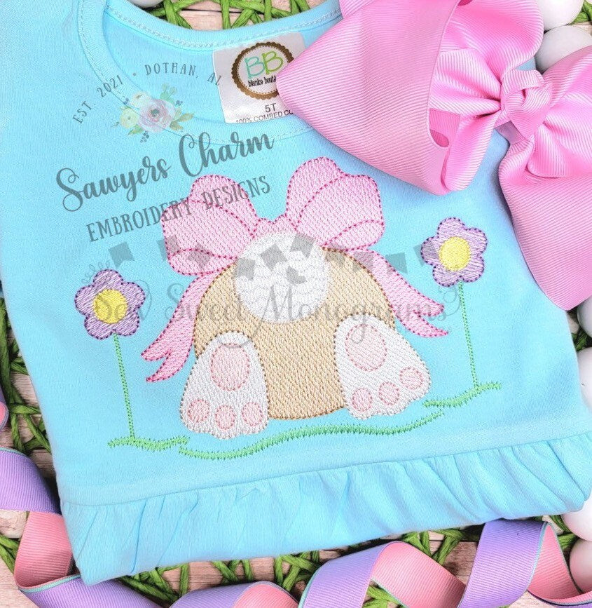 Easter bunny tail with bow grass flowers sketch stitch machine embroidery design file, quick stitch, egg hunt, rabbit, floral spring