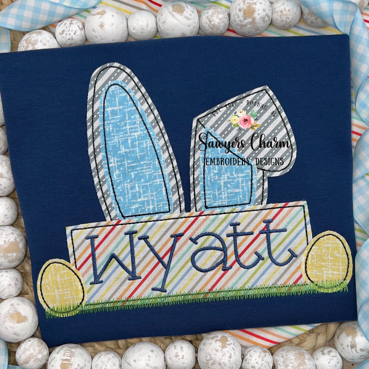 BUNDLE Easter bunny ears nameplate & eggs bean stitch applique, machine embroidery design file, quick stitch, rabbit peter cottontail spring