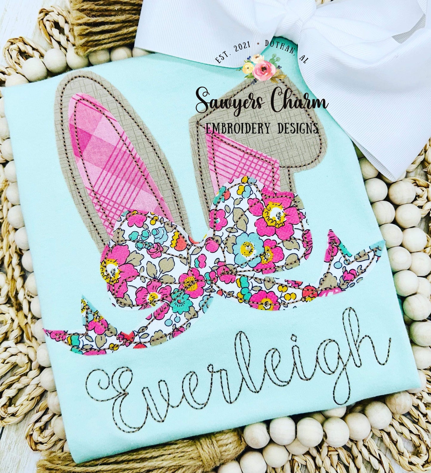 BUNDLE Easter bunny ears with bow bean & zigzag stitch applique, machine embroidery design file, quick stitch, rabbit, peter cottontail