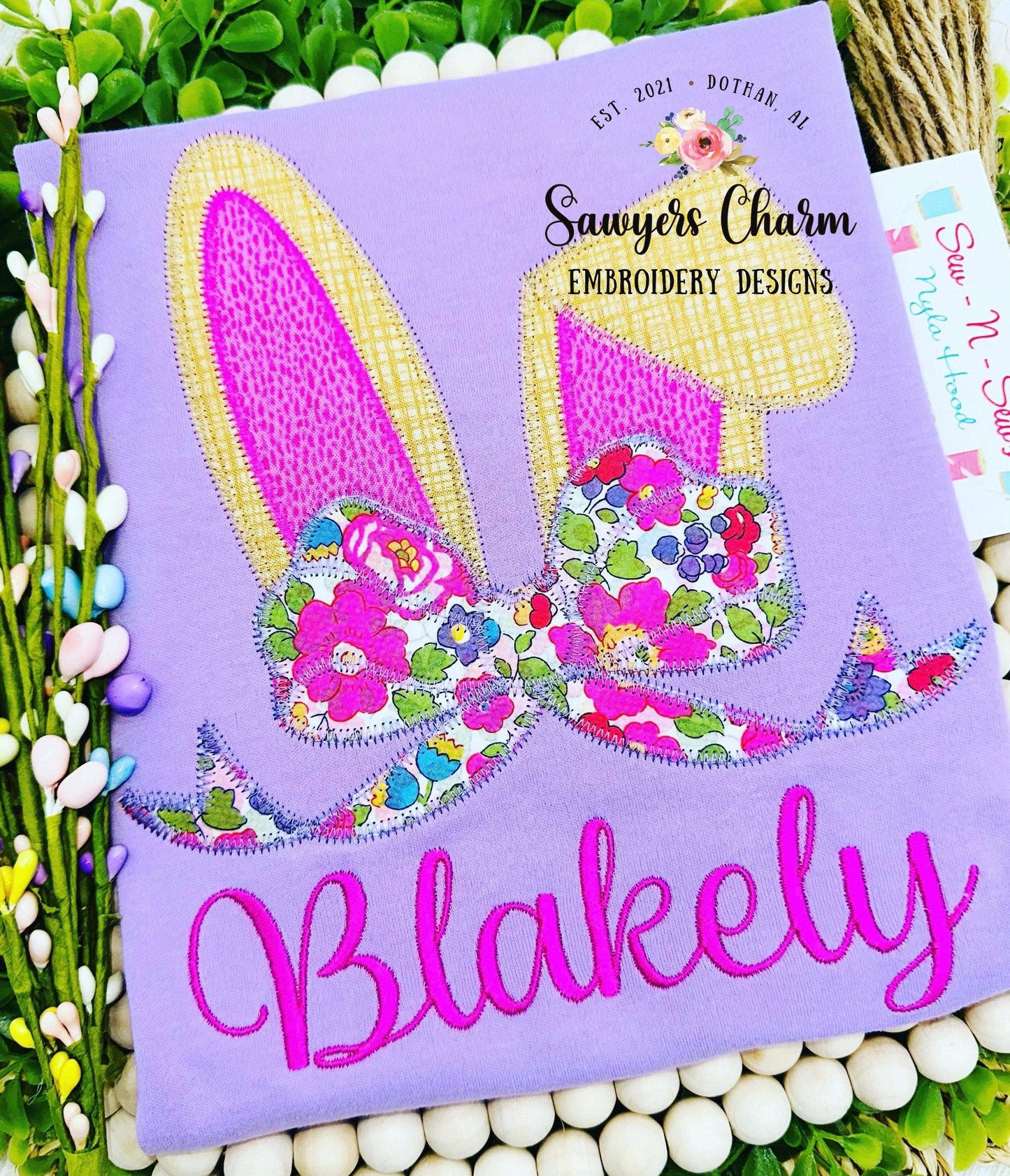 BUNDLE Easter bunny ears with bow bean & zigzag stitch applique, machine embroidery design file, quick stitch, rabbit, peter cottontail