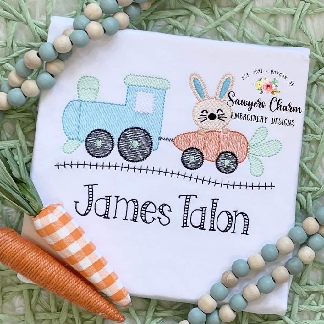 BUNDLE Train carrot car & bunny with and without bow sketch stitch machine embroidery design file, train track, choo choo, Easter rabbit