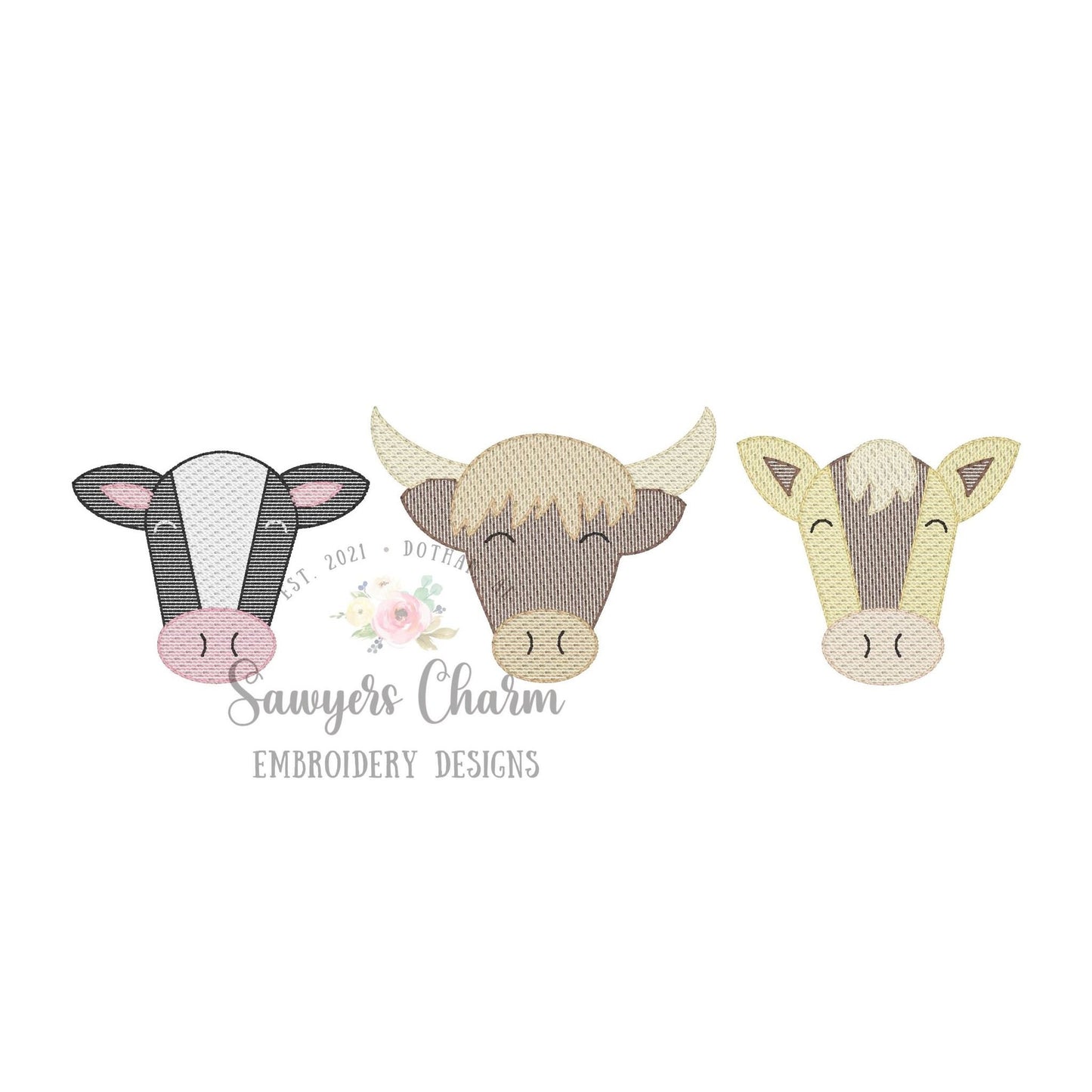 BUNDLE Cow trio sketch stitch machine embroidery design file, quick stitch, farm animals, highland cow, dairy cow, barnyard, bean stitch