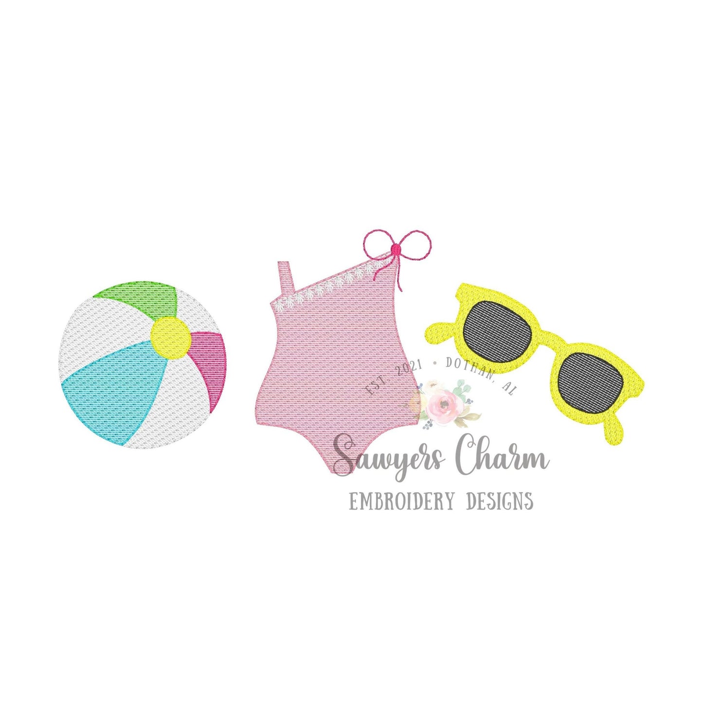 Beach ball, girls swimsuit, sunglasses trio sketch stitch machine embroidery design file, ocean, water, vacation, sunnies, bathing suit