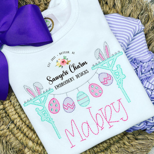 Easter bunny ears lineman with eggs bunting banner, sketch stitch machine embroidery design file, quick stitch, bean stitch, rabbit egg hunt