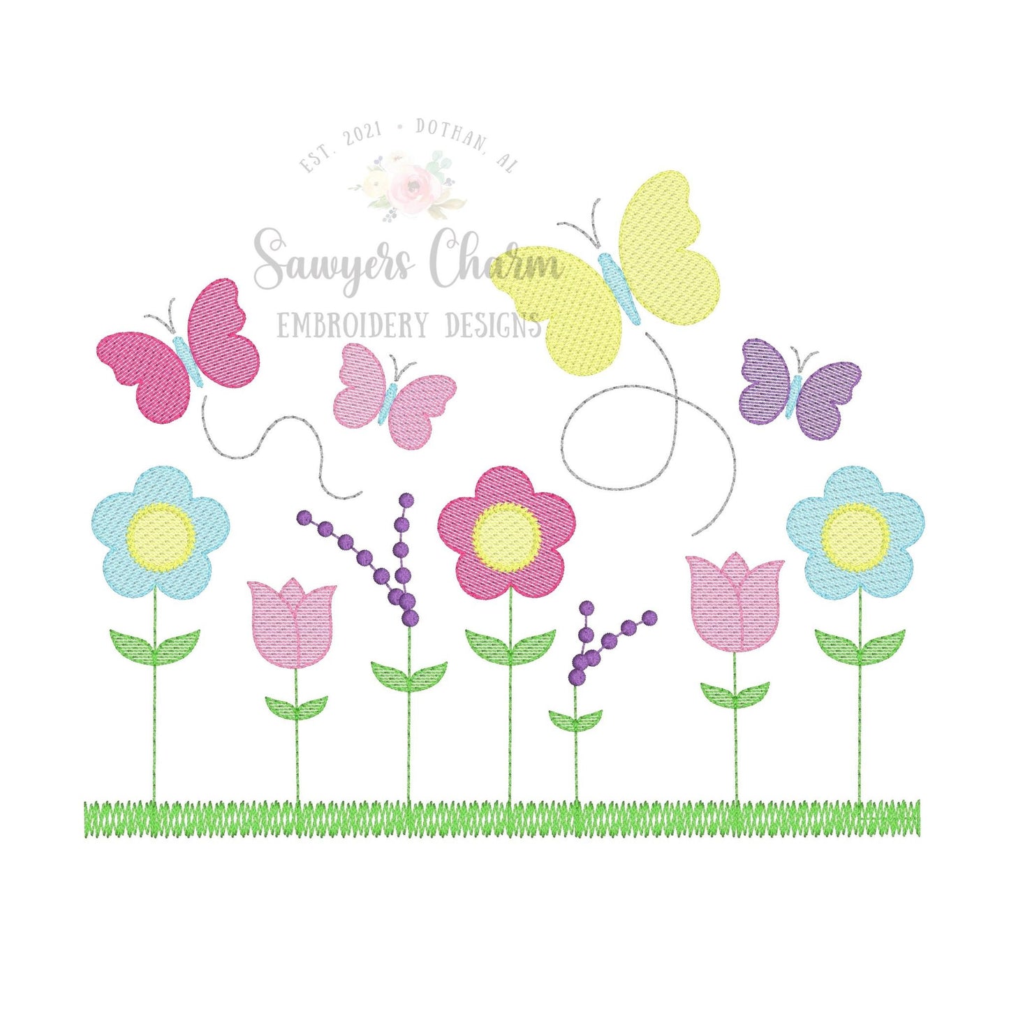 Row of wildflowers in grass with butterflies sketch stitch machine embroidery design file, spring flowers tulip daisy lavender summer