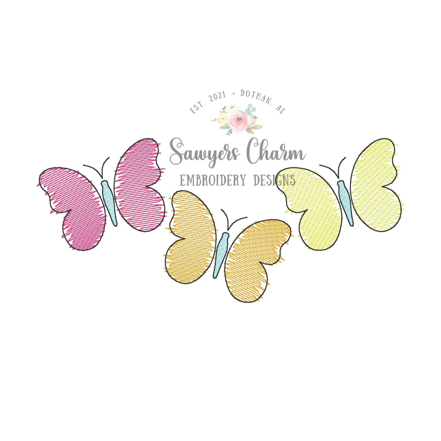Butterfly trio "watercolor" sketch stitch machine embroidery design file, spring, summer, outdoors, insects, bugs, girl, quick stitch