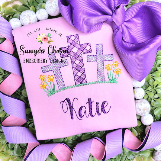 BUNDLE Gingham cross trio grass with & without daffodils sketch stitch machine embroidery design file, quick stitch, Easter, He is risen