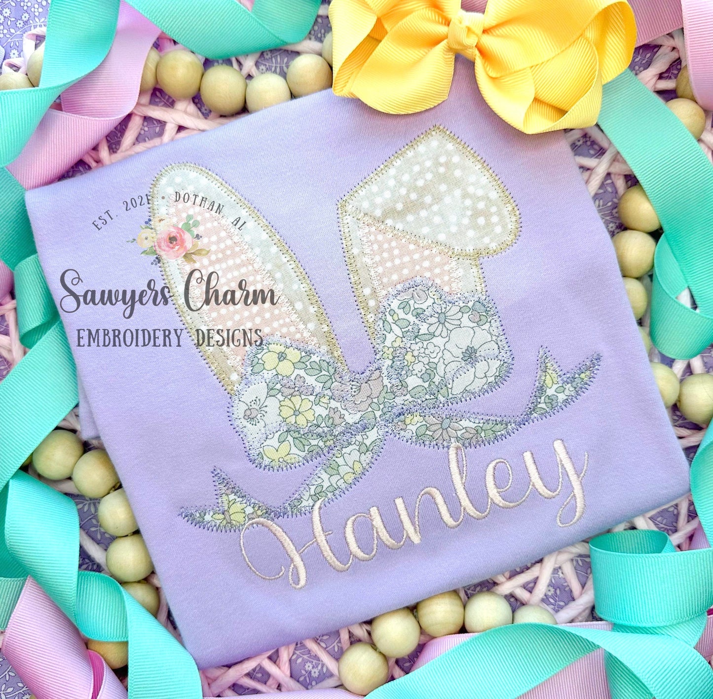 BUNDLE Easter bunny ears with bow bean & zigzag stitch applique, machine embroidery design file, quick stitch, rabbit, peter cottontail