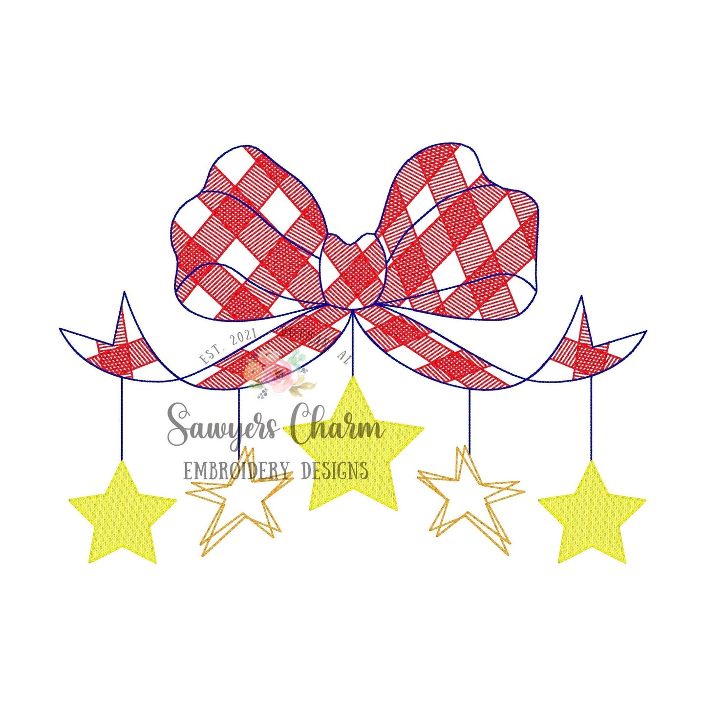 Gingham bow with hanging stars sketch stitch/bean stitch machine embroidery design file, plaid check, patriotic, stars & stripes, American