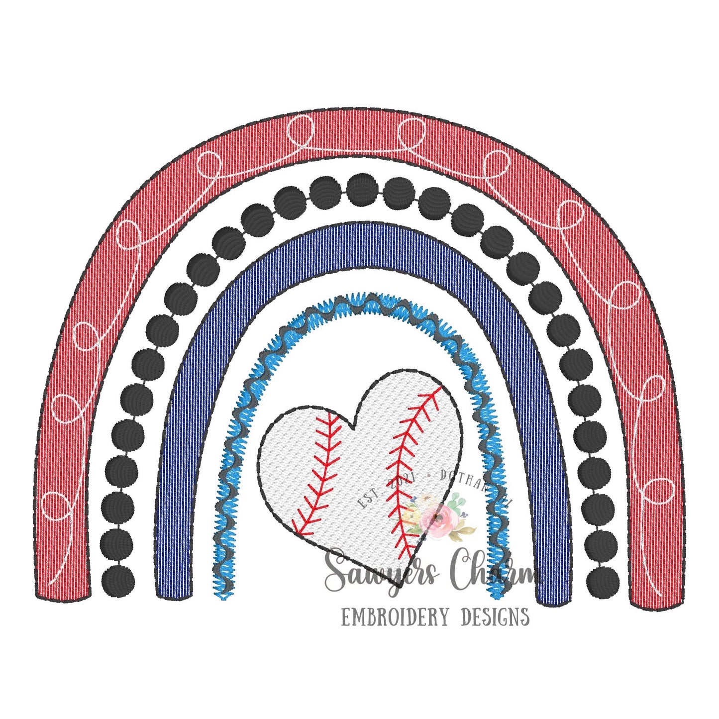Baseball/softball rainbow, heart shaped ball, sketch stitch machine embroidery design file, boho, spring, summer, sports, bean stitch