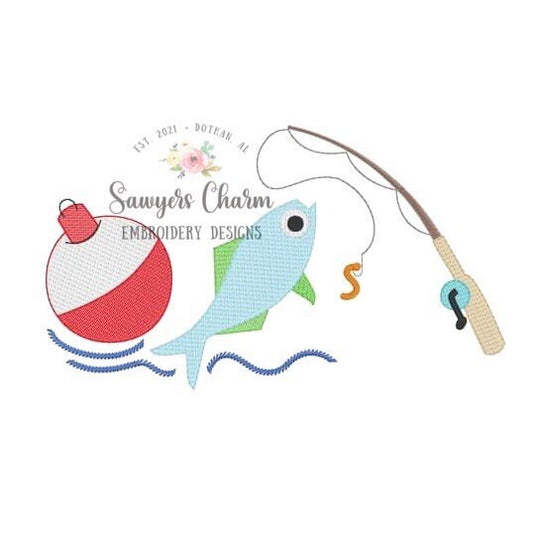 Fishing trio bobber pole fish sketch stitch machine embroidery design file, quick stitch, spring summer, fish, outdoors, water lake pond