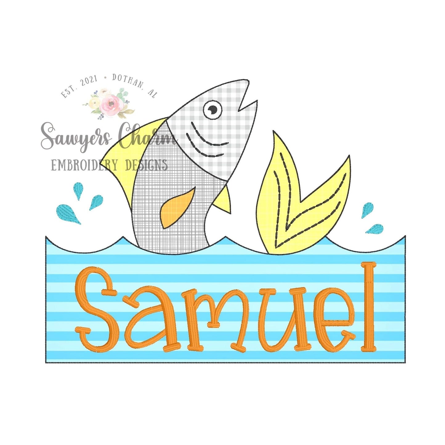 BUNDLE Fish jumping out of water with name plate zig zag & bean stitch machine embroidery design file, outdoors, fishing, bass, quick stitch