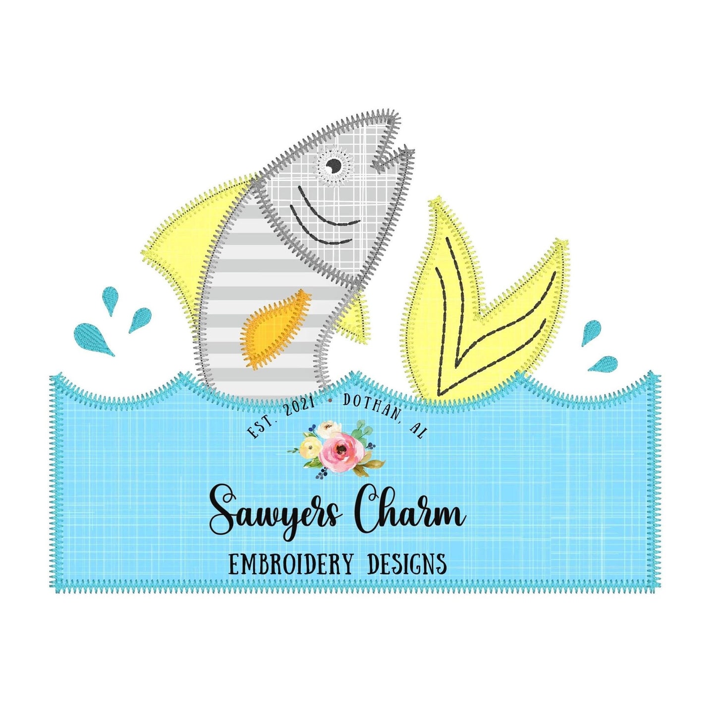BUNDLE Fish jumping out of water with name plate zig zag & bean stitch machine embroidery design file, outdoors, fishing, bass, quick stitch