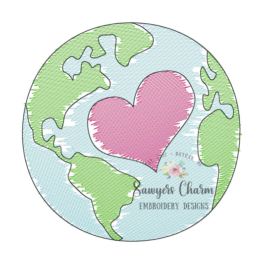 Earth Heart Sketch Stitch Embroidery Design, Watercolor Planet (Digital Download)